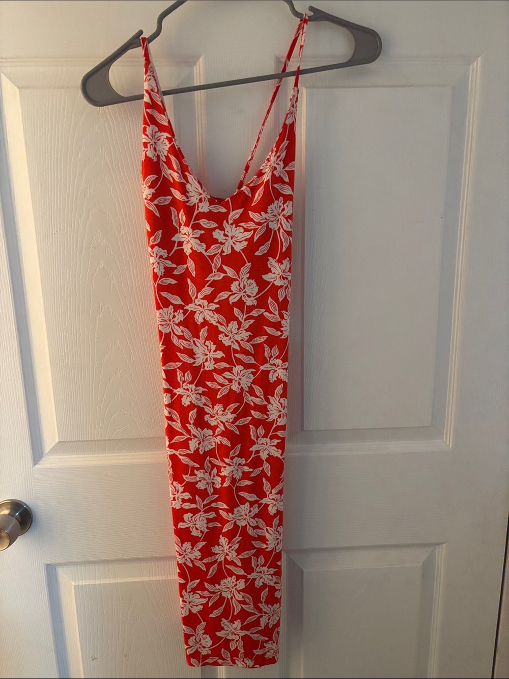 Red Floral Slip Dress with White Print - Women's Summer Dress